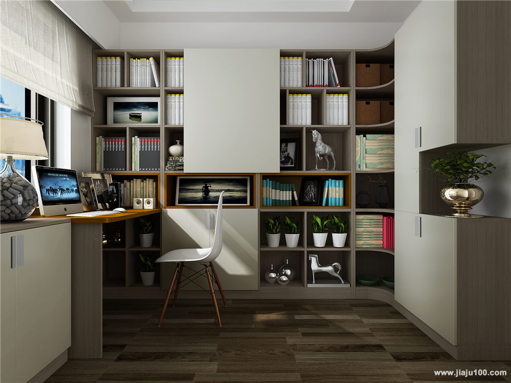简约风格书房用定制柜子将两面墙环绕，转角式利用