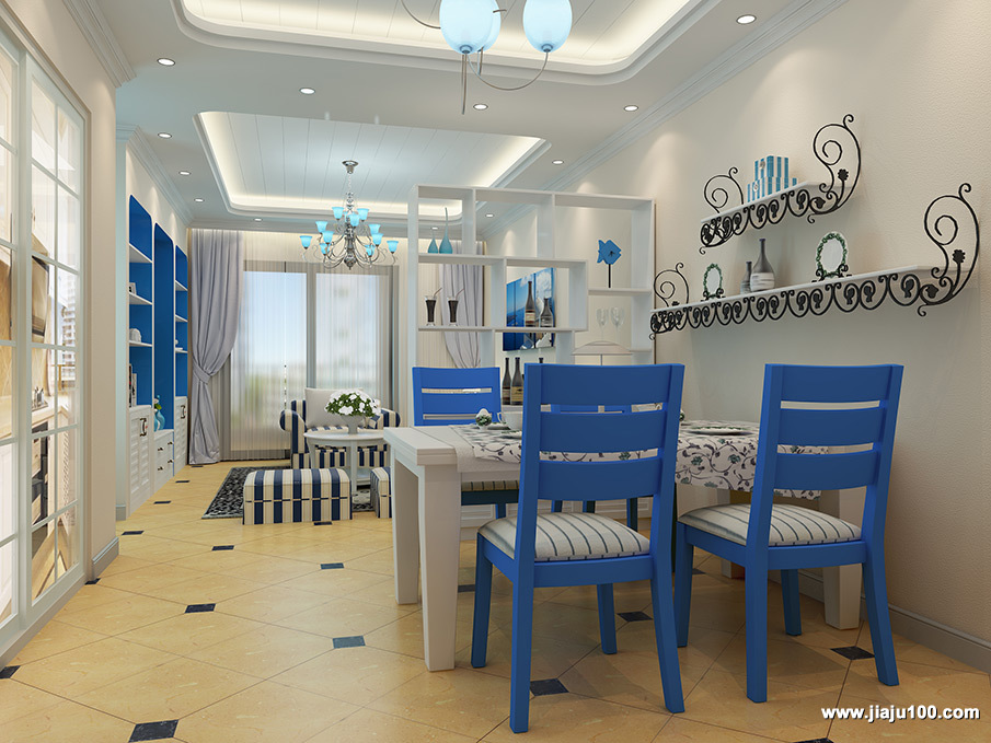 地中海餐厅，整个空间以蓝白为基调