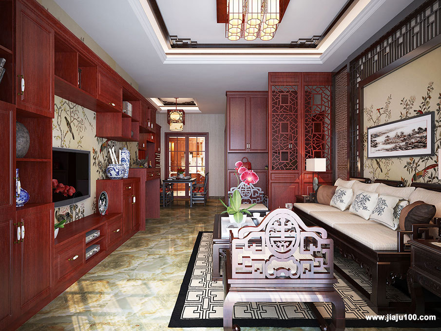 中式风格客厅在色彩上以红木色为主