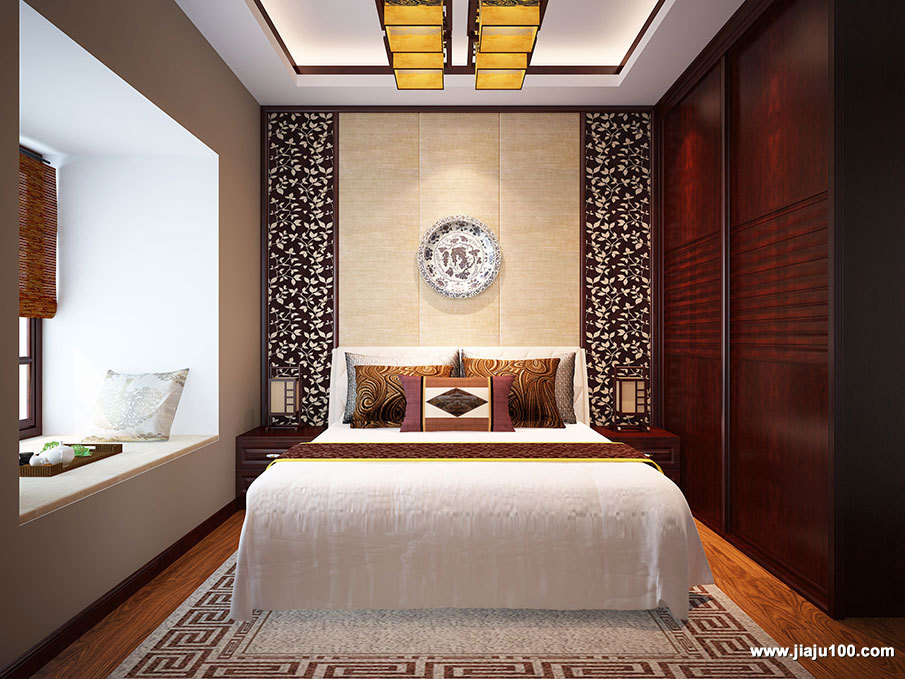 中式卧室床头镂空雕花的设计