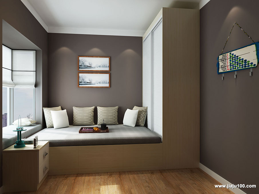 卧室8.6平方米榻榻米床和衣柜一体效果图