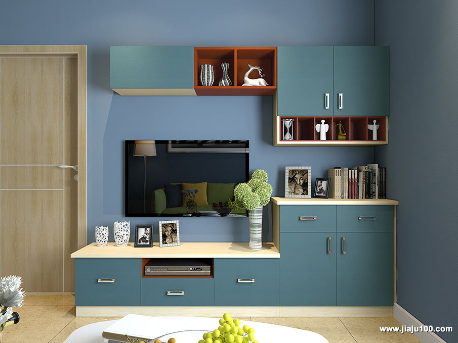 棕色和蓝色搭配客厅电视柜