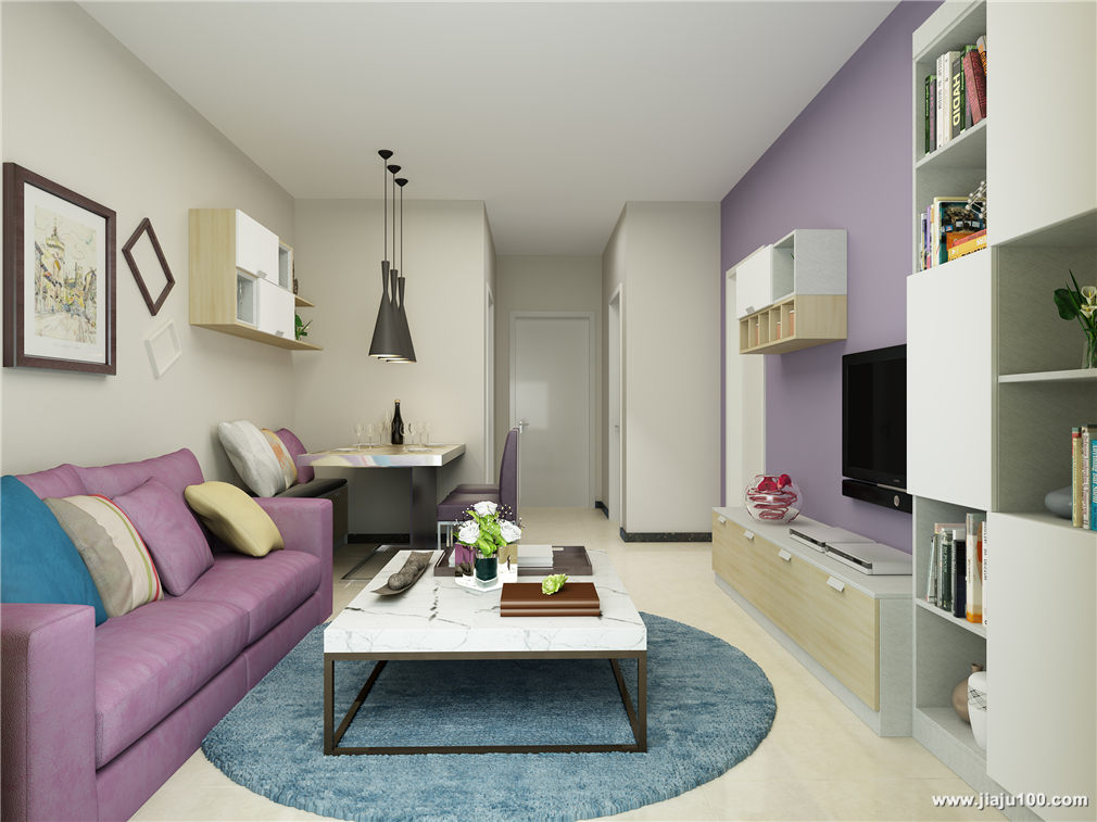 紫色沙发和电视墙 餐桌搭配
