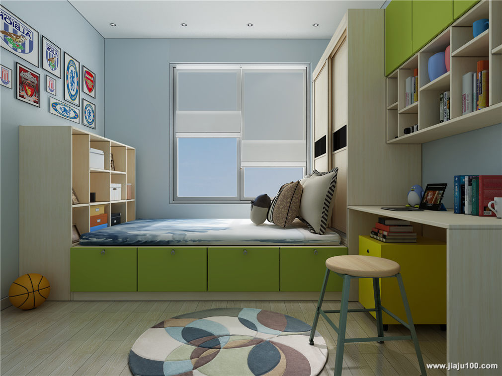 儿童房榻榻米床+收纳柜，衣柜书桌的一体效果图