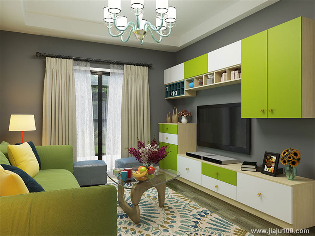 绿色沙发搭配绿白相间电视柜