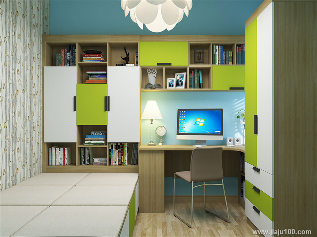 儿童房绿白相间榻榻米床 书柜 衣柜，+内嵌书桌
