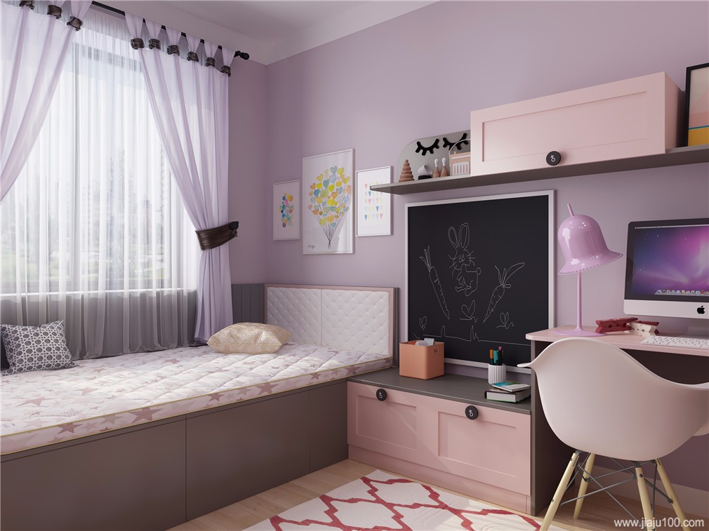 粉色儿童房榻榻米床设计