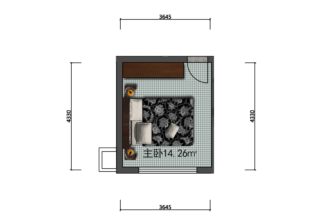14平米主卧室内平面户型图