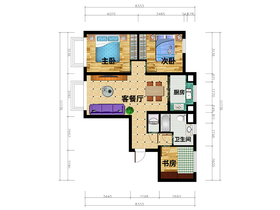 北京首开万科城市之光3房2厅全屋定制家具平面设计图