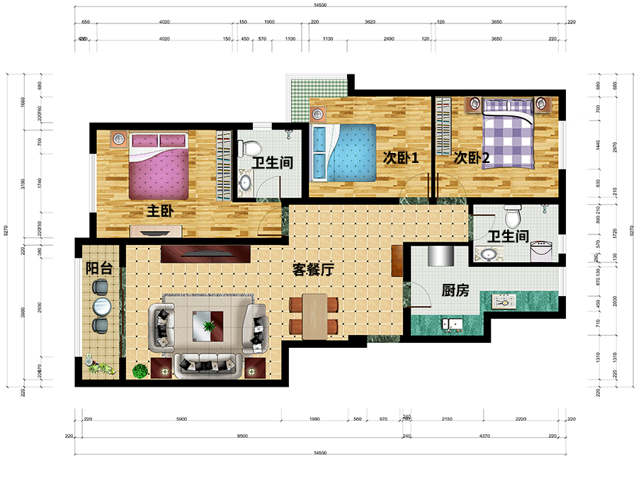 天津蓟县西城里三房两厅全屋定制平面设计图