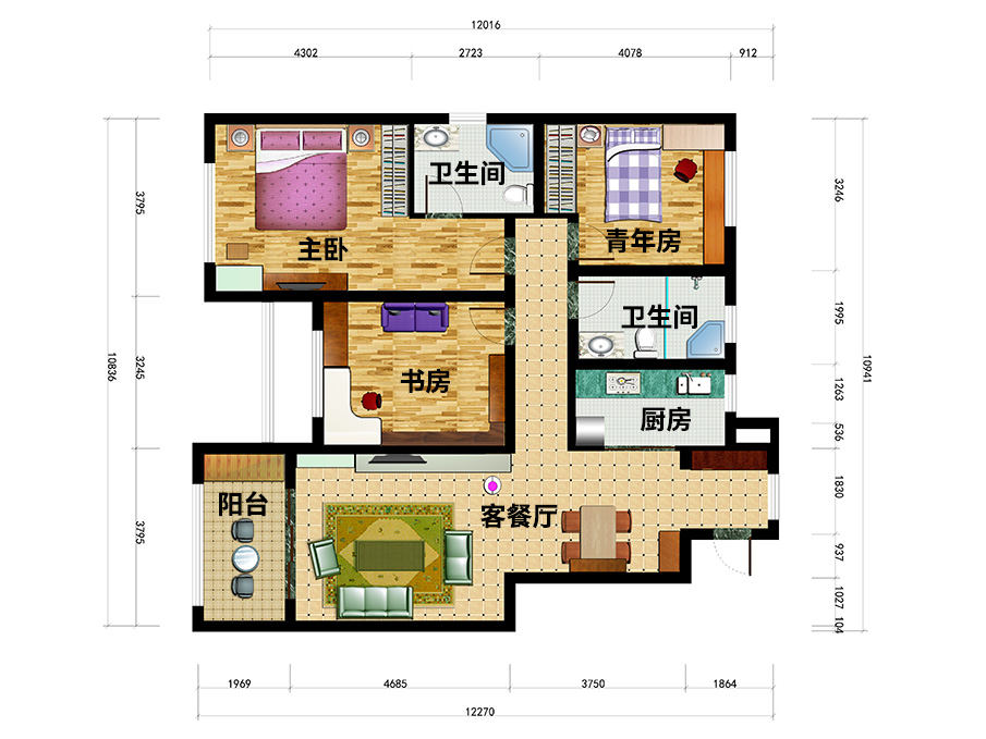 北京华银天鹅湖三房两厅全屋定制家具平面设计图