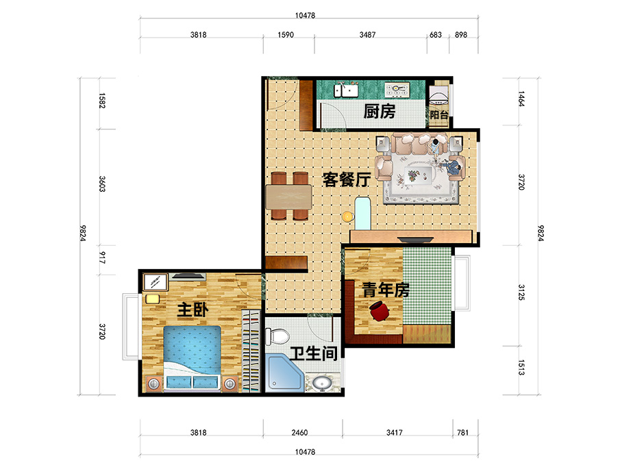 北京合生滨江帝景2房2厅69平全屋定制家具平面设计图