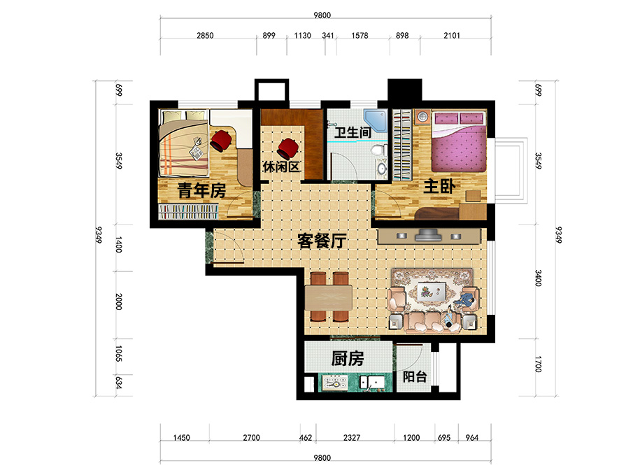 北京首开住总国悦居2房2厅67平全屋定制家具平面设计图