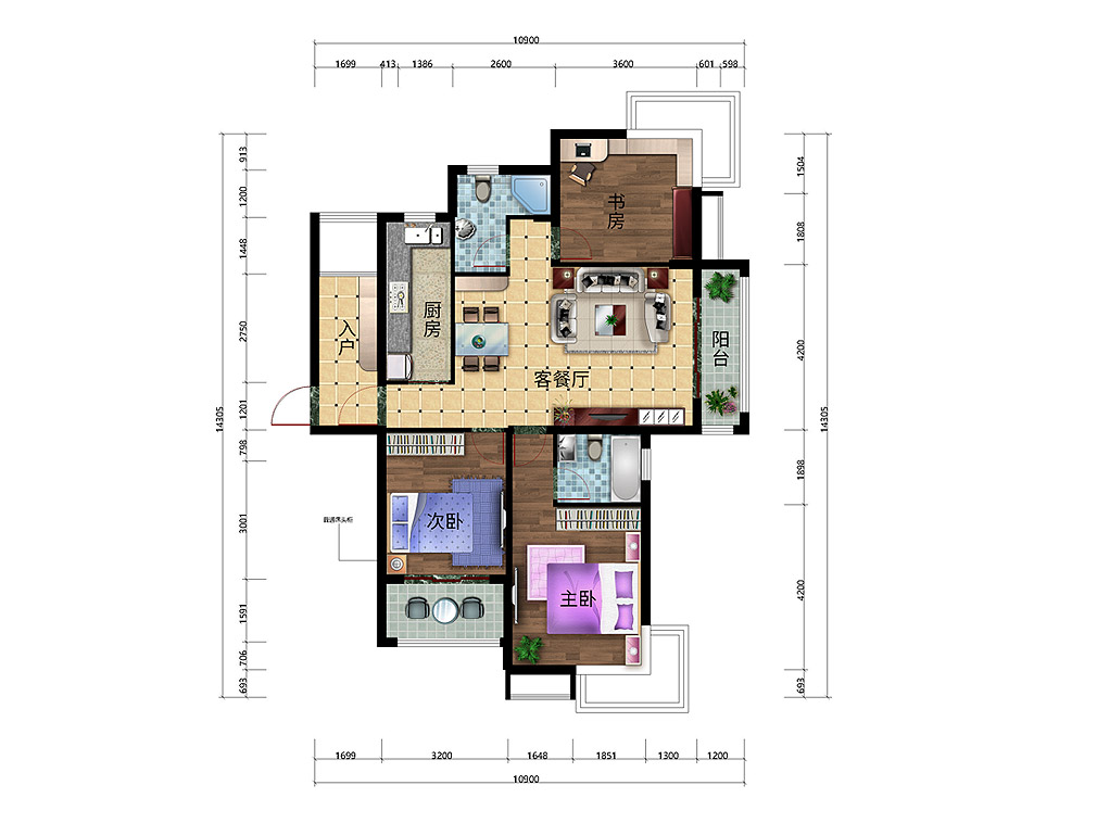 湖南常德天伦国际3房2厅现代简约108㎡全屋户型图