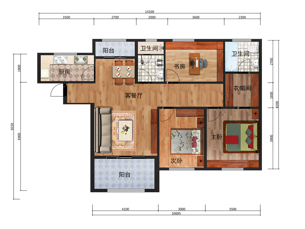 昆明和谐世纪3房2厅126m²全屋户型图