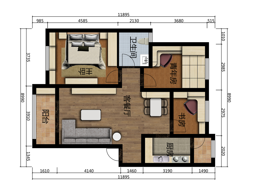 长沙三房两厅90㎡全屋定制户型设计图