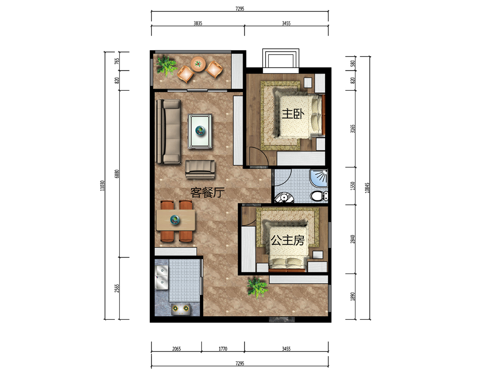 梅州2房2厅85m²全屋定制户型图