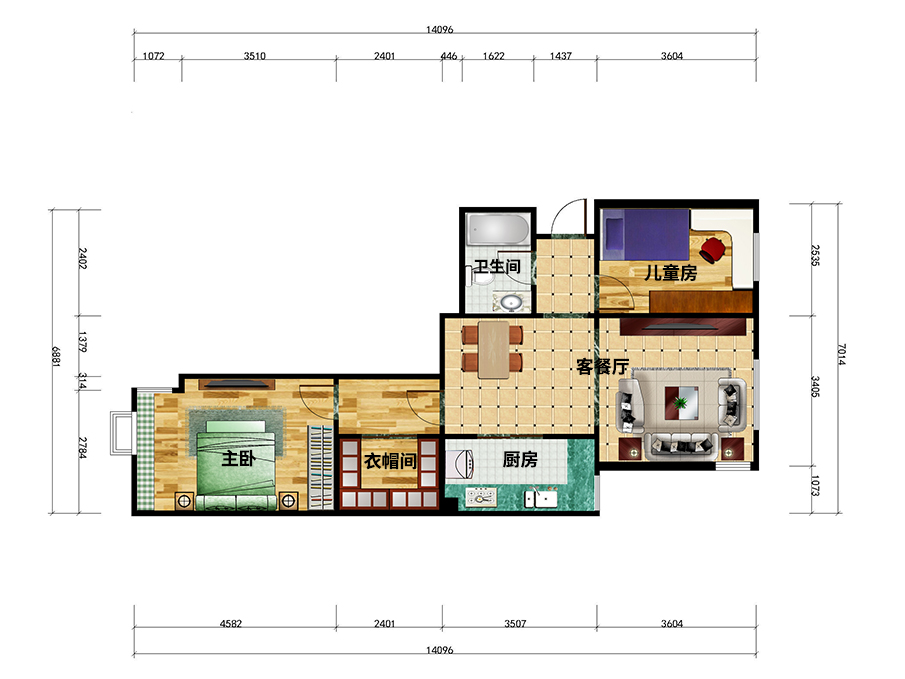 吉林水岸新城3房2厅65㎡全屋户型图