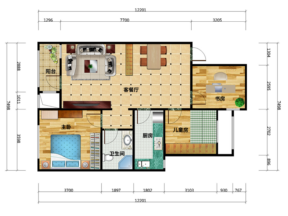 江苏常州莱茵三期3房2厅现代简约风格81㎡全屋户型图