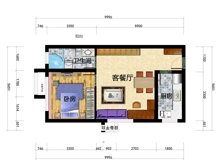 北京上上城理想新城1房2厅48㎡ 全屋户型图