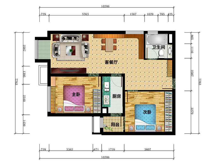 北京市东洲家园二房二厅70㎡全屋户型图