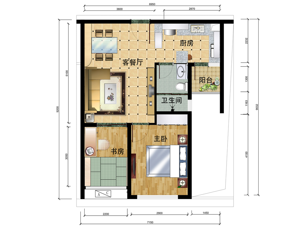 广州番禺亚运源筑现代简约风格2房2厅61㎡全屋户型图