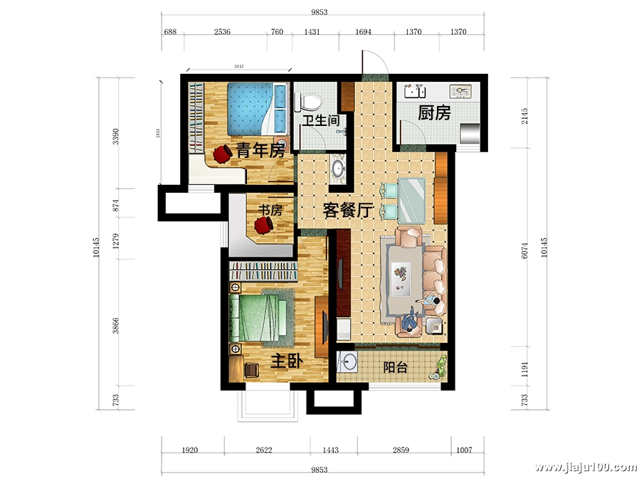深圳宜禾红橡公园三房两厅全屋定制家具平面设计图