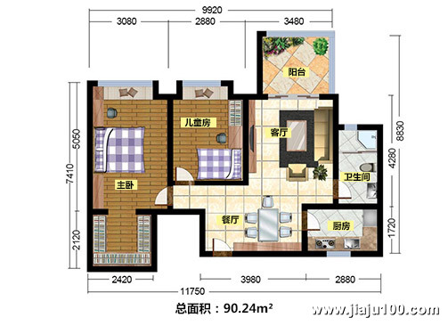 广州南沙两房两厅现代风格全屋户型设计