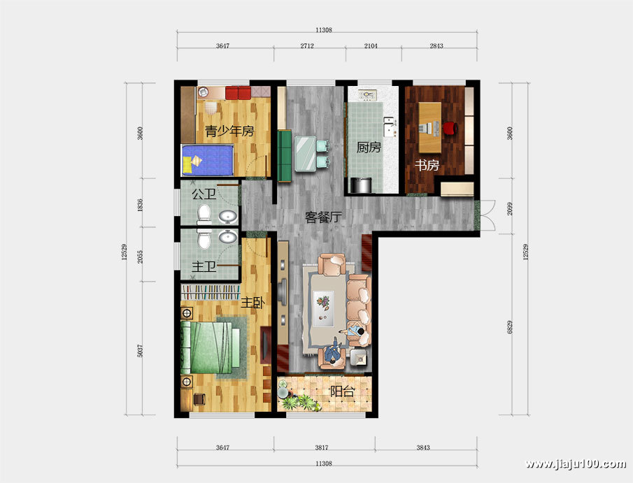 哈尔滨善上居三房两厅屋定制家具平面设计图