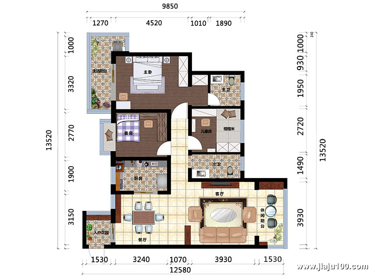 长沙三房两厅全屋家具定制案例户型图