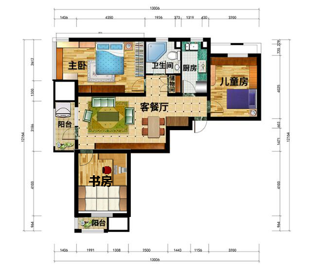 97㎡三室兩廳全屋戶型圖