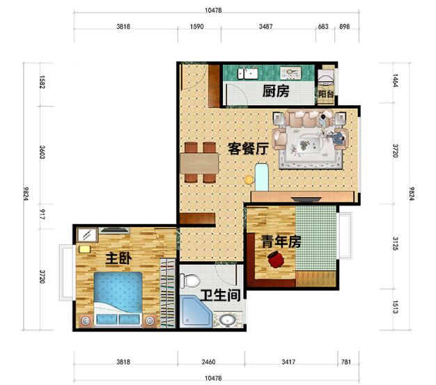 真實案例|2房2廳69.52㎡現(xiàn)代簡約風(fēng)格效果圖