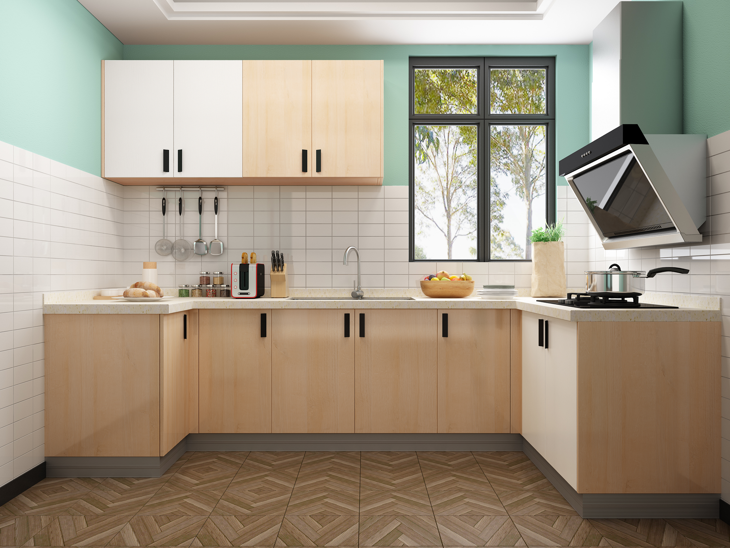 因此建议将水槽上方的一扇窗户扩大,以使得大量阳光照射到小屋的厨房