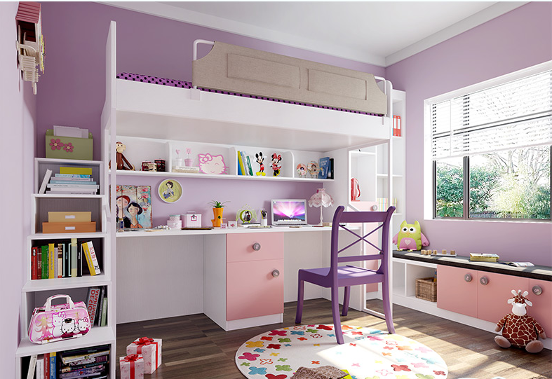 儿童床双层床和书柜书桌一体效果图