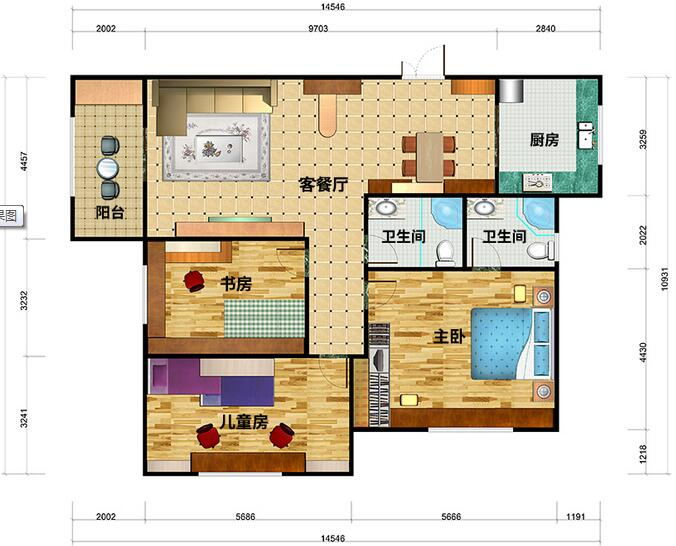 三房兩廳一廚兩衛(wèi)一陽臺戶型圖